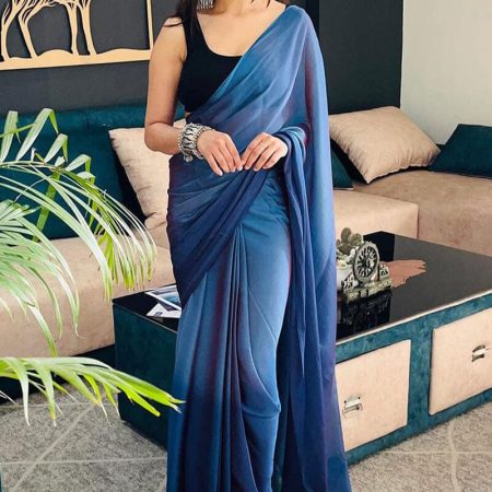 Blooming 1-Minute Ready To Wear Blue Chiffon Silk Saree