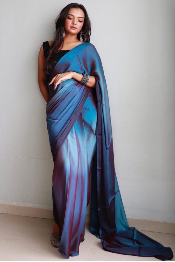 Blooming 1-Minute Ready To Wear Blue Chiffon Silk Saree