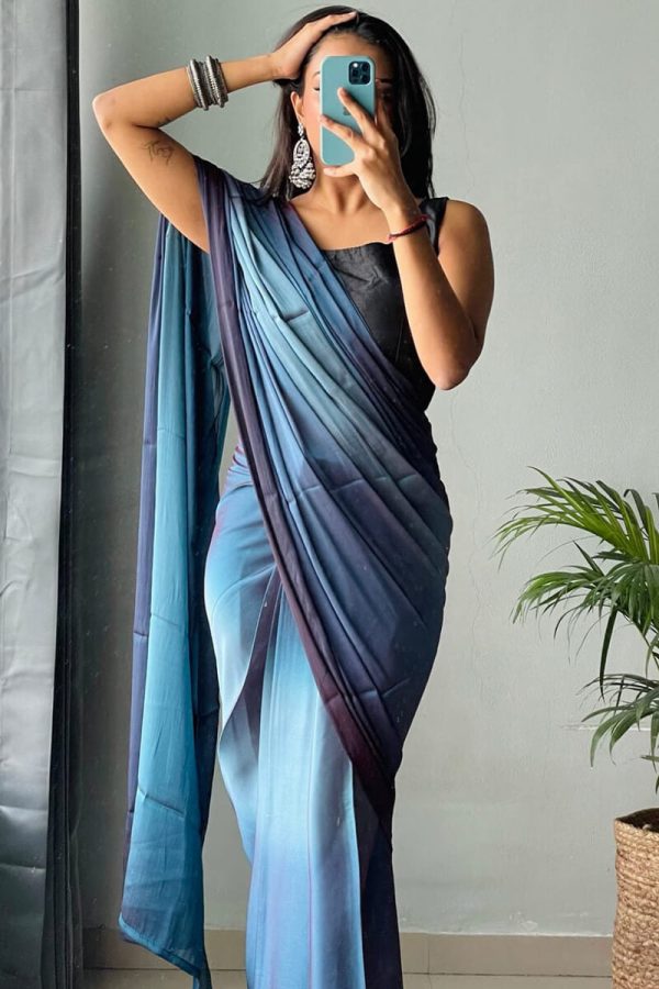 Blooming 1-Minute Ready To Wear Blue Chiffon Silk Saree