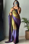 Beautiful 1-Minute Ready To Wear Mehndi and Blue Chiffon Silk Saree