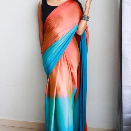 Mesmerising 1-Minute Ready To Wear Orange and Firozi Chiffon Silk Saree