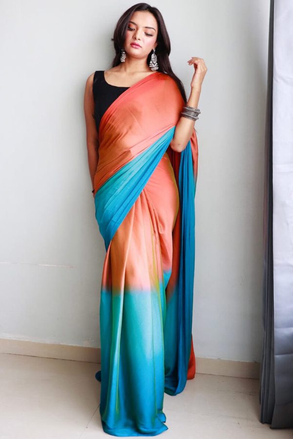 Mesmerising 1-Minute Ready To Wear Orange and Firozi Chiffon Silk Saree