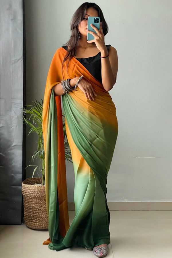 Classy 1-Minute Ready To Wear Orange and Green Chiffon Silk Saree