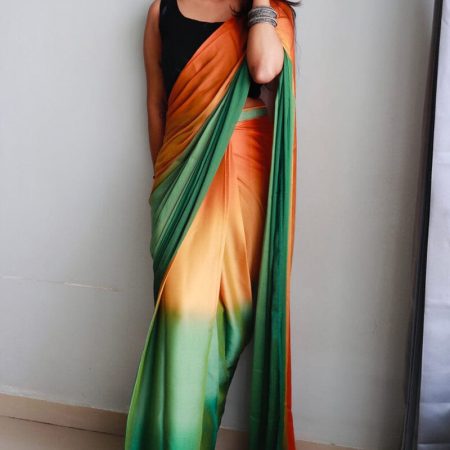 Classy 1-Minute Ready To Wear Orange and Green Chiffon Silk Saree