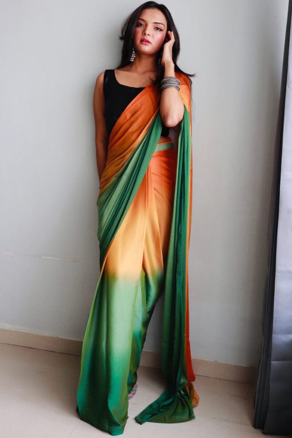 Classy 1-Minute Ready To Wear Orange and Green Chiffon Silk Saree