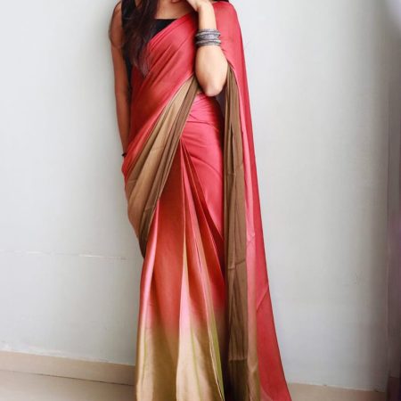 Sophisticated 1-Minute Ready To Wear Pink and Brown Chiffon Silk Saree