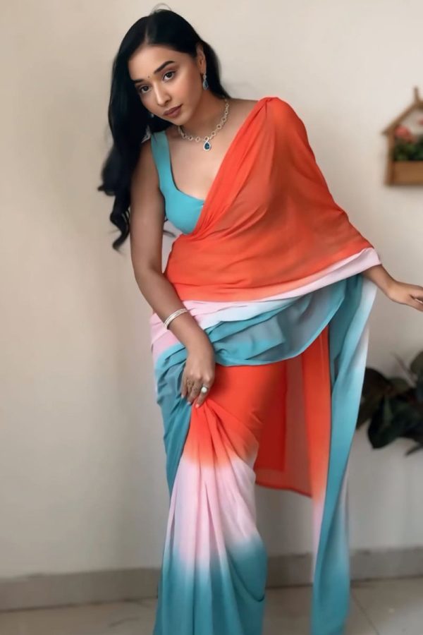 Twirling 1-Minute Ready To Wear Orange and Firozi Georgette Saree