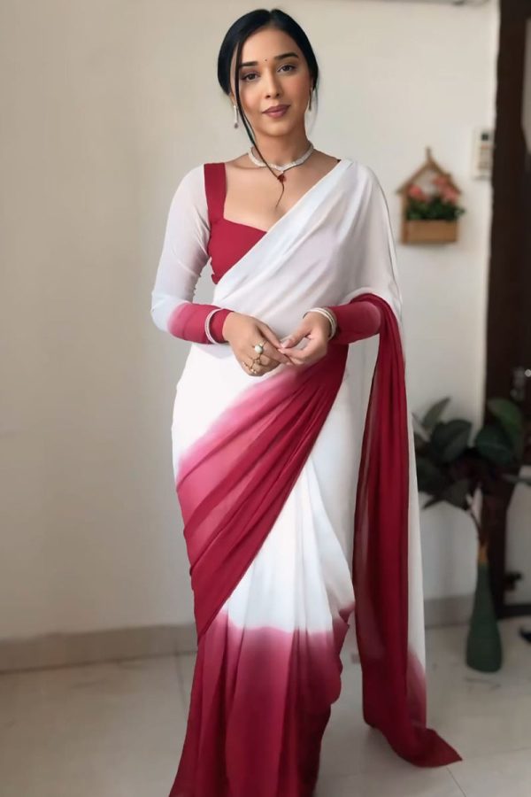 Admirable 1-Minute Ready To Wear Dark Pink and White Georgette Saree