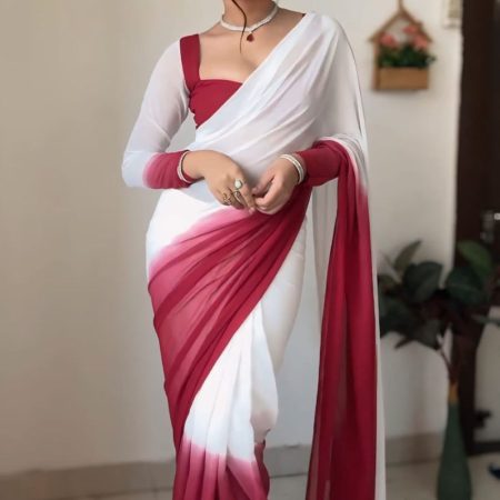 Admirable 1-Minute Ready To Wear Dark Pink and White Georgette Saree