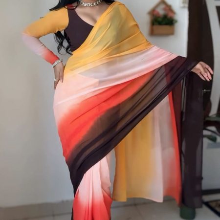 Petrichor 1-Minute Ready To Wear Yellow and Brown Georgette Saree