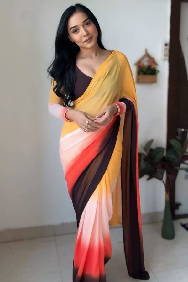 Petrichor 1-Minute Ready To Wear Yellow and Brown Georgette Saree