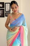 Lustrous 1-Minute Ready To Wear Firozi and Pink Georgette Saree