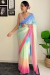 Lustrous 1-Minute Ready To Wear Firozi and Pink Georgette Saree