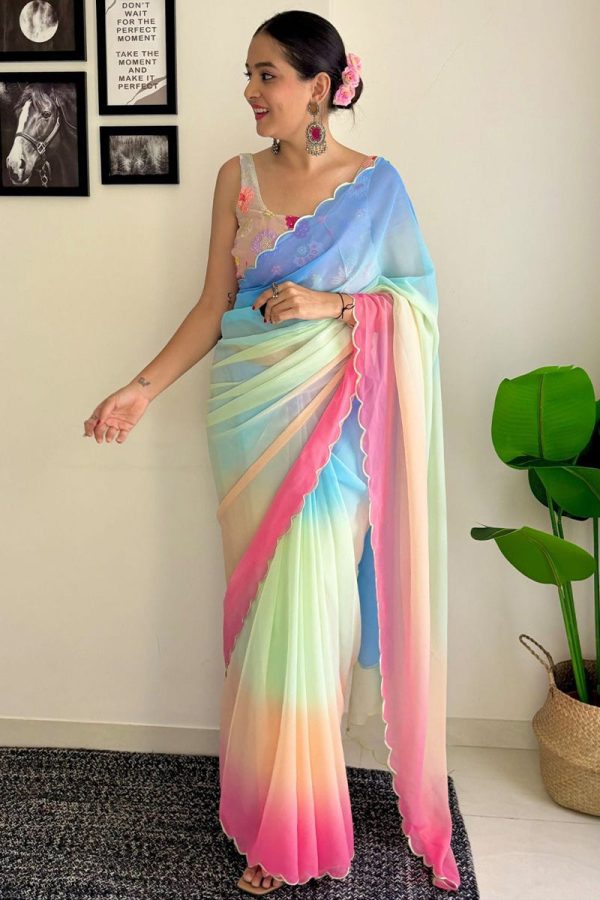 Lustrous 1-Minute Ready To Wear Firozi and Pink Georgette Saree