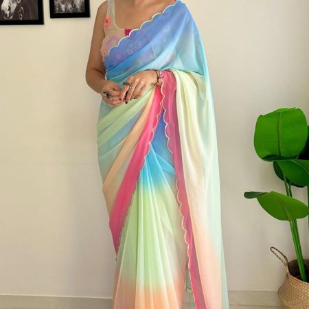 Lustrous 1-Minute Ready To Wear Firozi and Pink Georgette Saree