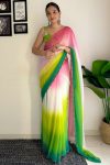 Unequalled 1-Minute Ready To Wear Pink and Parrot Georgette Saree