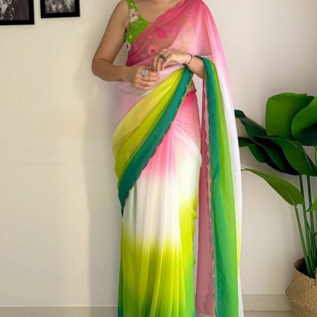 Unequalled 1-Minute Ready To Wear Pink and Parrot Georgette Saree