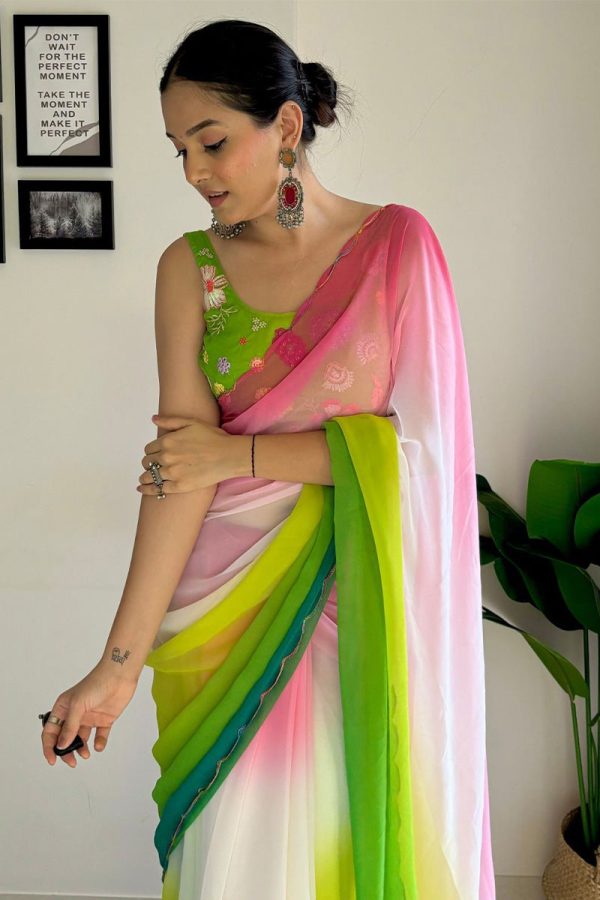 Unequalled 1-Minute Ready To Wear Pink and Parrot Georgette Saree