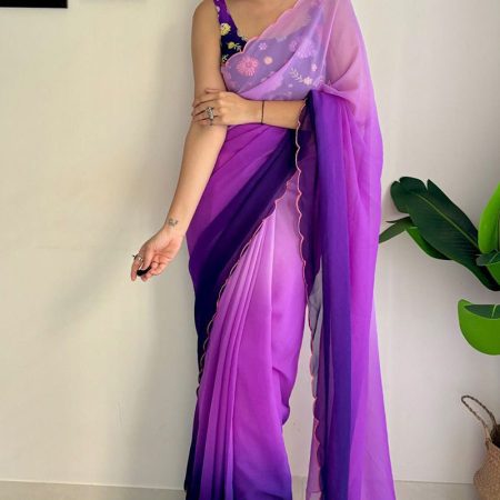 Luxuriant 1-Minute Ready To Wear Purple and Blue Georgette Saree