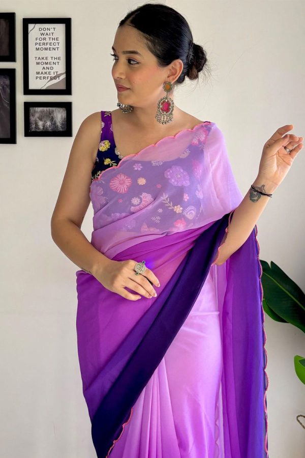 Luxuriant 1-Minute Ready To Wear Purple and Blue Georgette Saree