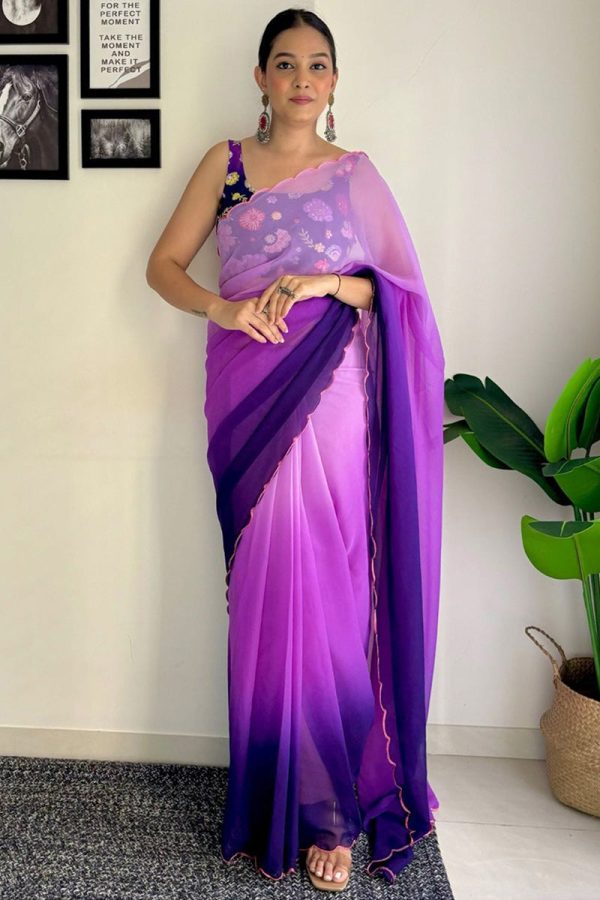 Luxuriant 1-Minute Ready To Wear Purple and Blue Georgette Saree