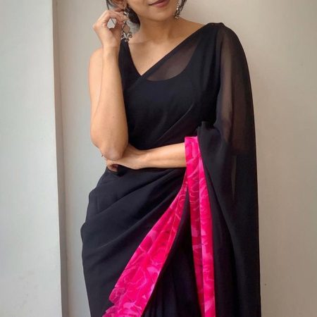 Mellifluous 1-Minute Ready To Wear Black Georgette Saree