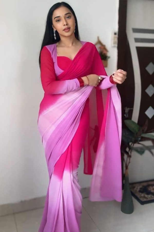 Excellent 1-Minute Ready To Wear Pink and Lavender Georgette Saree