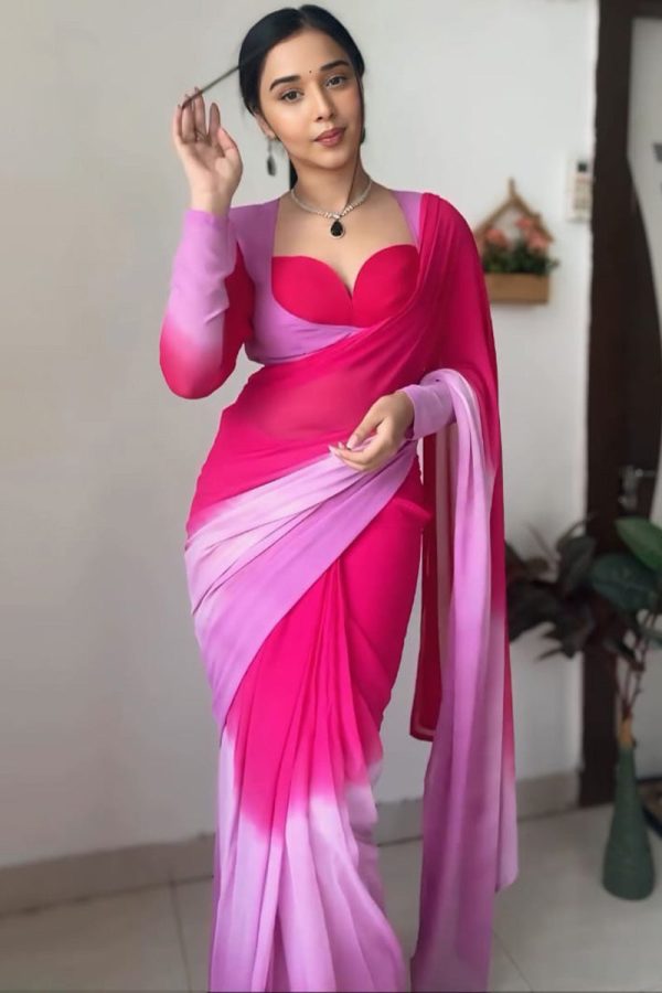 Excellent 1-Minute Ready To Wear Pink and Lavender Georgette Saree