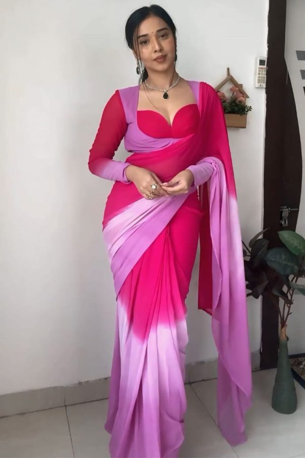 Excellent 1-Minute Ready To Wear Pink and Lavender Georgette Saree