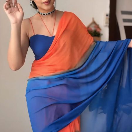 Excellent 1-Minute Ready To Wear Orange and Blue Georgette Saree