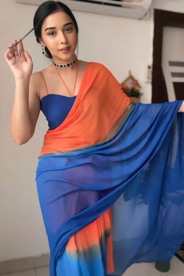 Excellent 1-Minute Ready To Wear Orange and Blue Georgette Saree