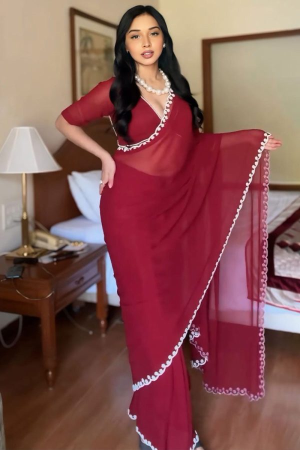 Most Stunning 1-Minute Ready To Wear Maroon Georgette Saree