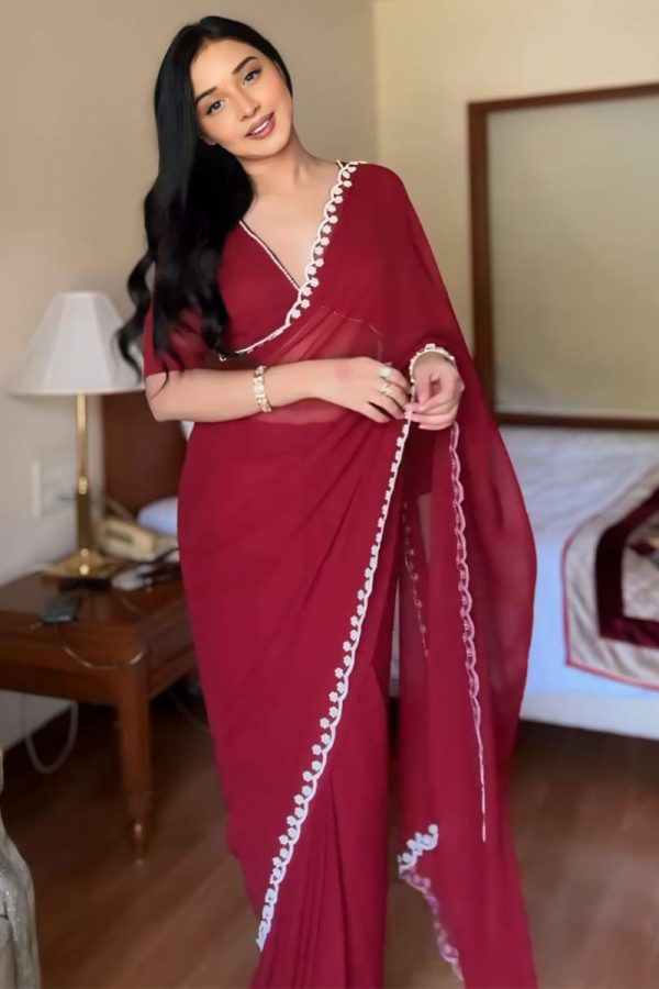 Most Stunning 1-Minute Ready To Wear Maroon Georgette Saree