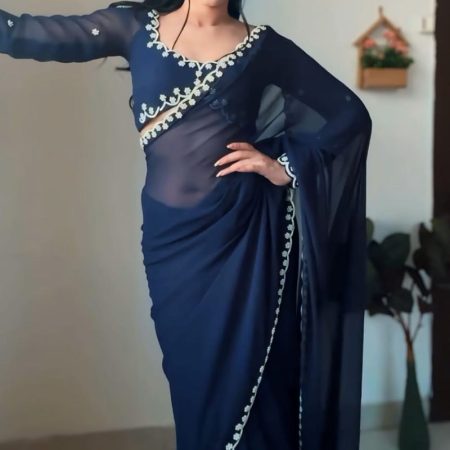 Entrancing 1-Minute Ready To Wear Navy Blue Georgette Saree