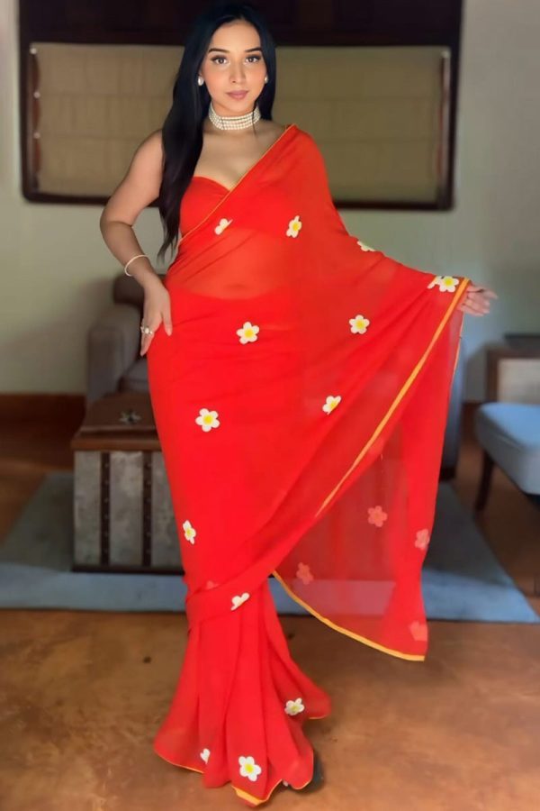 Breathtaking 1-Minute Ready To Wear Red Georgette Saree