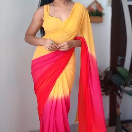 Classy 1-Minute Ready To Wear Yellow and Red Georgette Saree