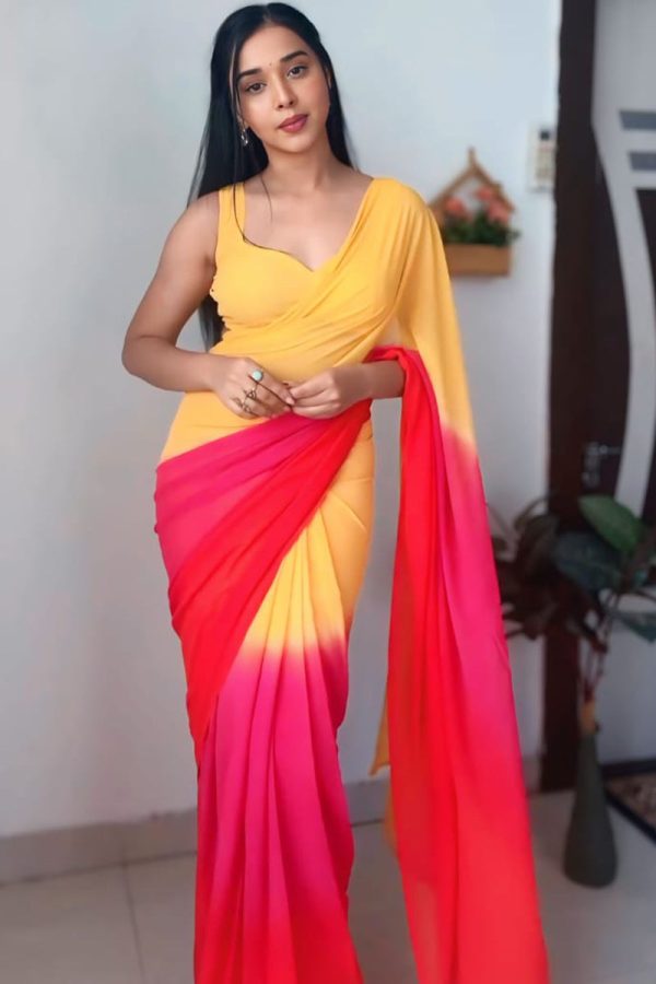 Classy 1-Minute Ready To Wear Yellow and Red Georgette Saree