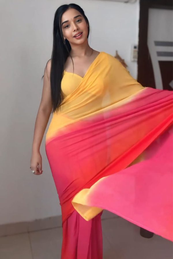 Classy 1-Minute Ready To Wear Yellow and Red Georgette Saree