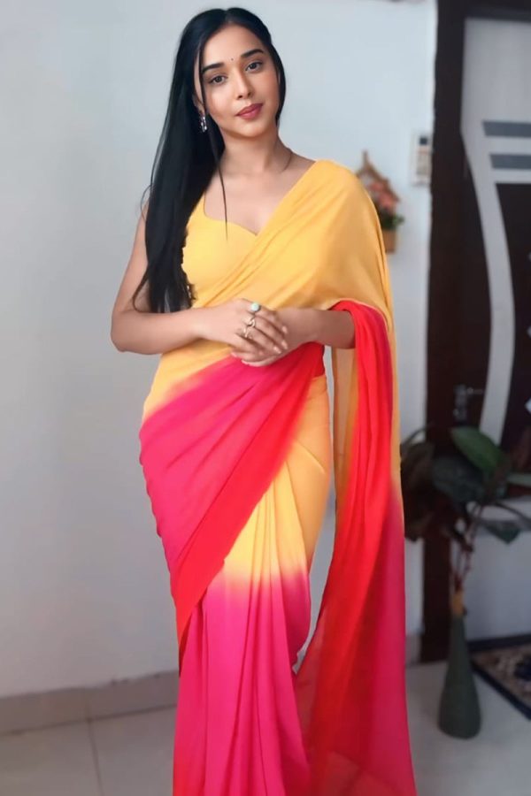 Classy 1-Minute Ready To Wear Yellow and Red Georgette Saree