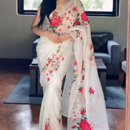 Opulent 1-Minute Ready To Wear White Organza Silk Saree