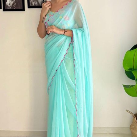 Symmetrical 1-Minute Ready To Wear Sky Georgette Saree