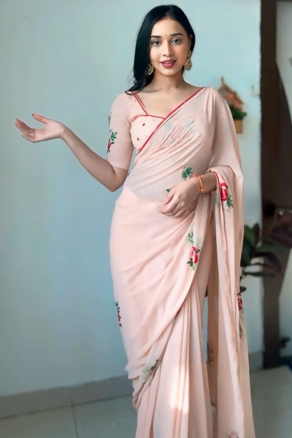 Staring 1-Minute Ready To Wear Peach Georgette Saree