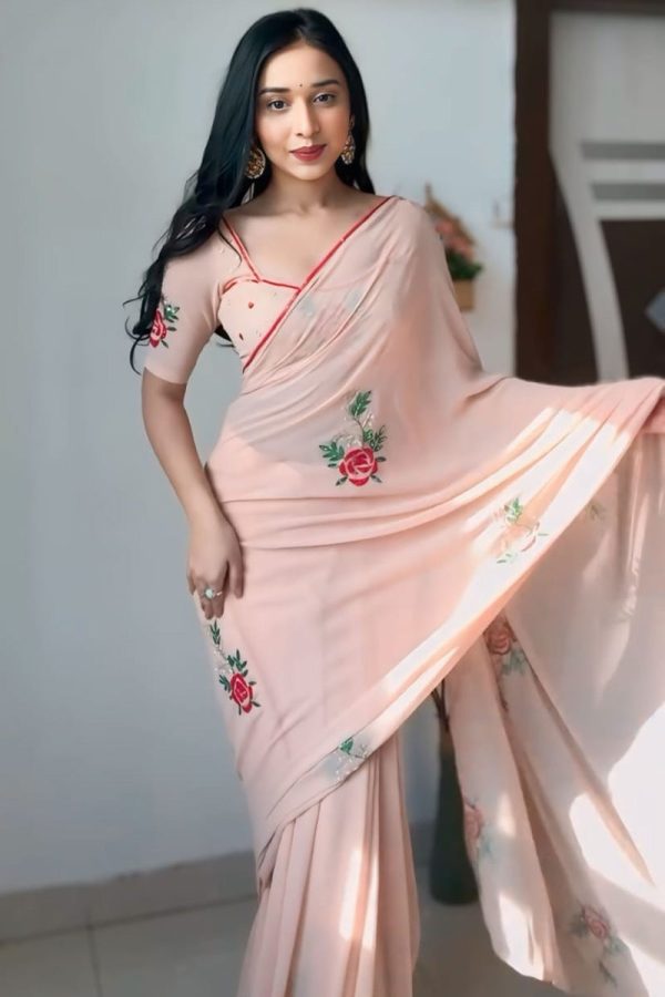 Staring 1-Minute Ready To Wear Peach Georgette Saree