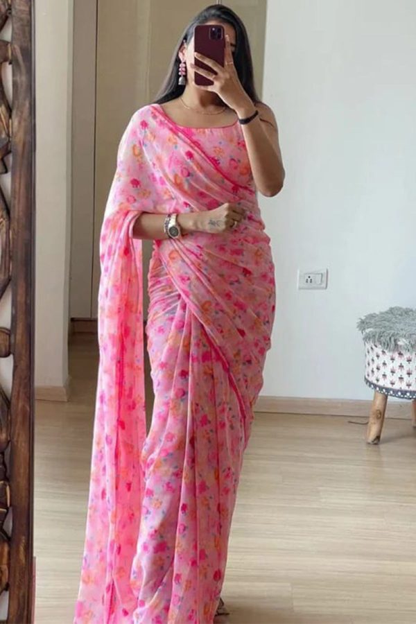 Flattering 1-Minute Ready To Wear Pink Georgette Saree