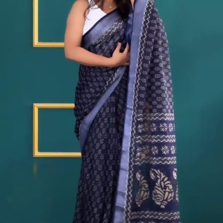 Blooming 1-Minute Ready To Wear Navy Blue Cotton Saree