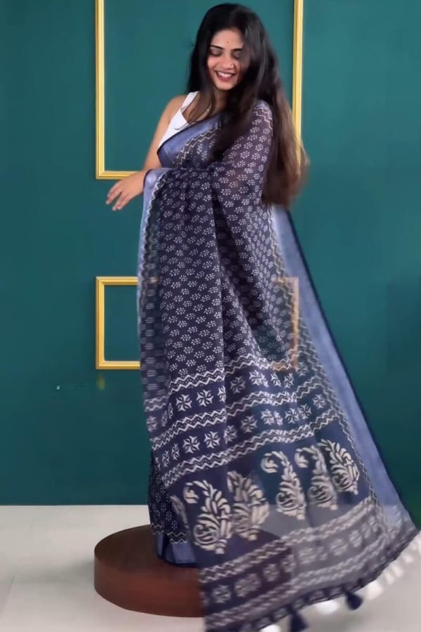 Blooming 1-Minute Ready To Wear Navy Blue Cotton Saree