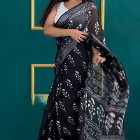 Flattering 1-Minute Ready To Wear Black Cotton Saree