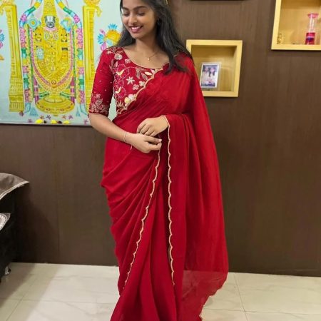 Beautiful 1-Minute Ready To Wear Red Georgette Saree