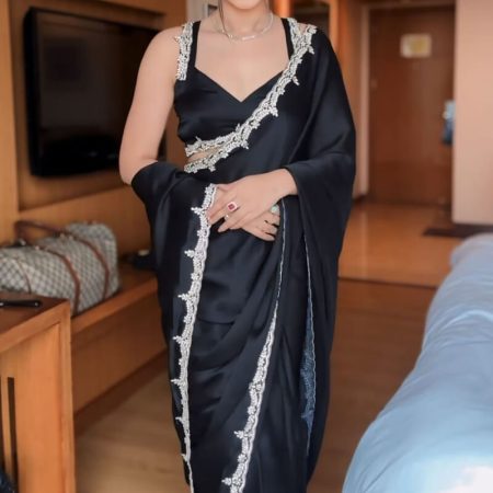 Lovely 1-Minute Ready To Wear Black Satin Silk Saree