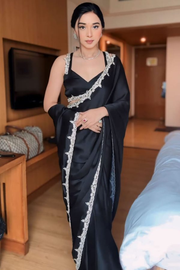 Lovely 1-Minute Ready To Wear Black Satin Silk Saree